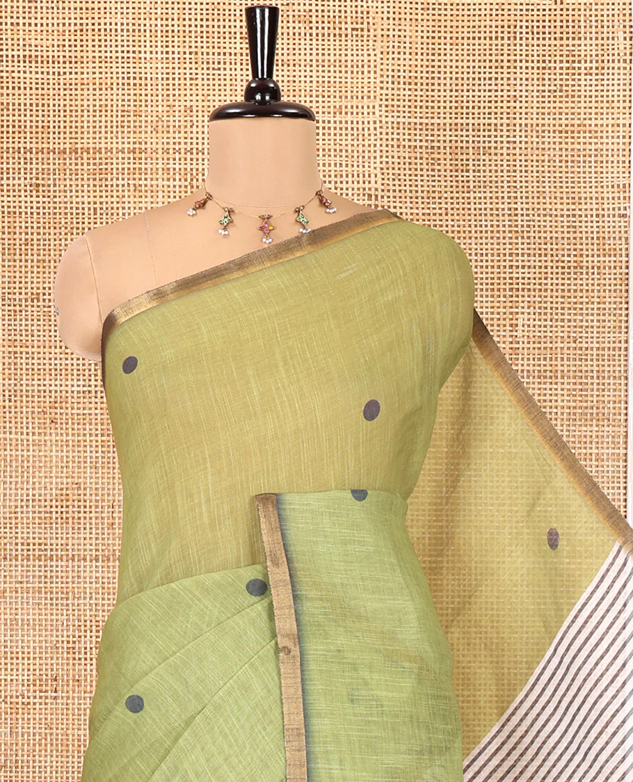 Olive Green Linen Cotton Saree, Adorned with Half-And-Half-Style Polka Dots, a Subtle Piping Border, Contrast Vertically Striped Pallu, and a Contrast Blouse - Image 6