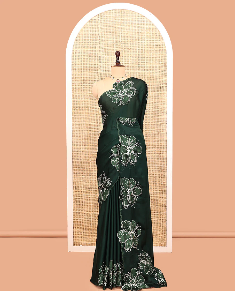 Olive Green Satin Organza Saree, Steeped in the Prettiness of Floral Embroidery, Floral Embroidered Scallop Border, and a Matching Blouse - Image 10