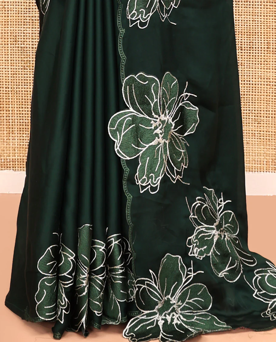Olive Green Satin Organza Saree, Steeped in the Prettiness of Floral Embroidery, Floral Embroidered Scallop Border, and a Matching Blouse - Image 11
