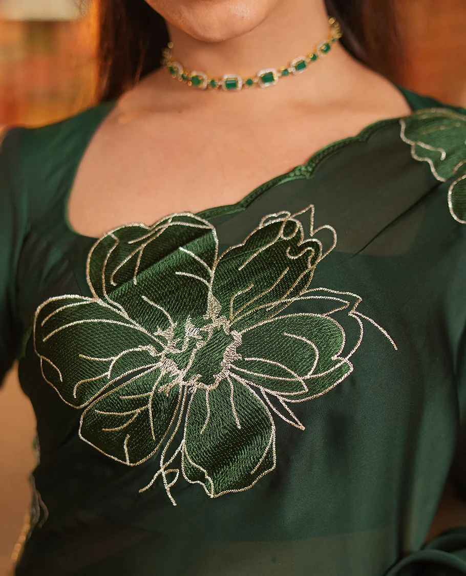 Olive Green Satin Organza Saree, Steeped in the Prettiness of Floral Embroidery, Floral Embroidered Scallop Border, and a Matching Blouse - Image 2