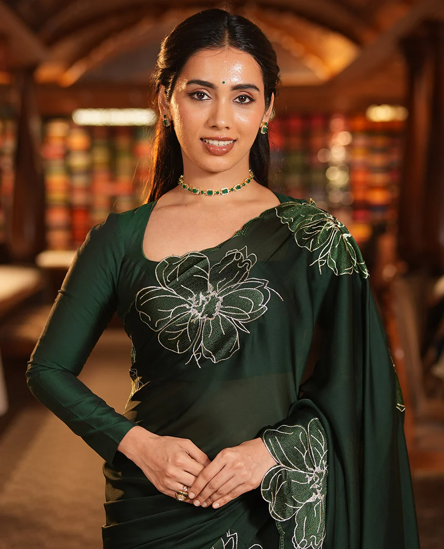 Olive Green Satin Organza Saree, Steeped in the Prettiness of Floral Embroidery, Floral Embroidered Scallop Border, and a Matching Blouse - Image 3