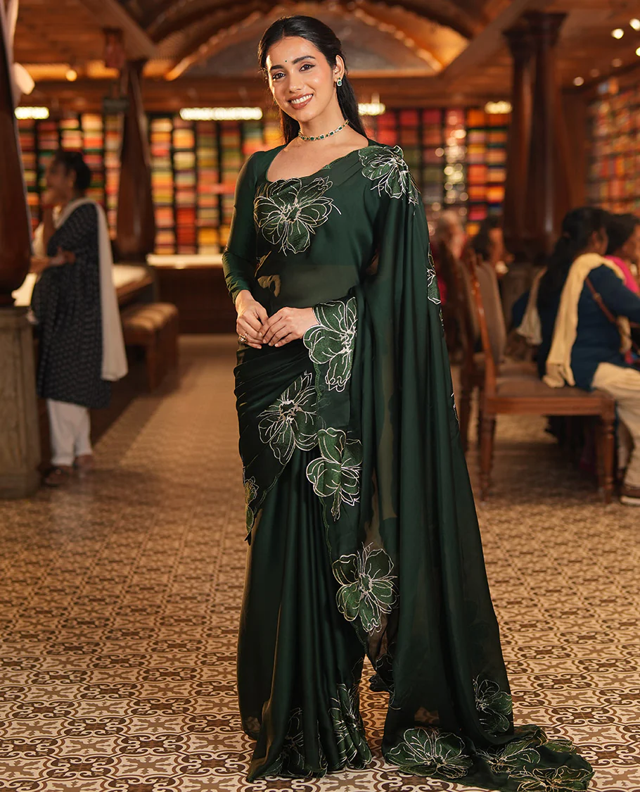 Olive Green Satin Organza Saree, Steeped in the Prettiness of Floral Embroidery, Floral Embroidered Scallop Border, and a Matching Blouse - Image 4