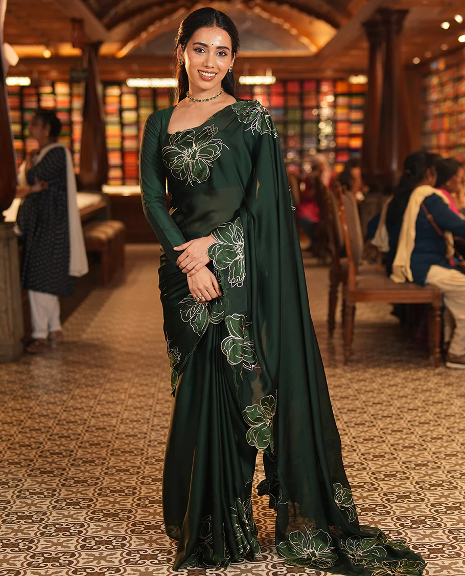 Olive Green Satin Organza Saree, Steeped in the Prettiness of Floral Embroidery, Floral Embroidered Scallop Border, and a Matching Blouse - Image 5
