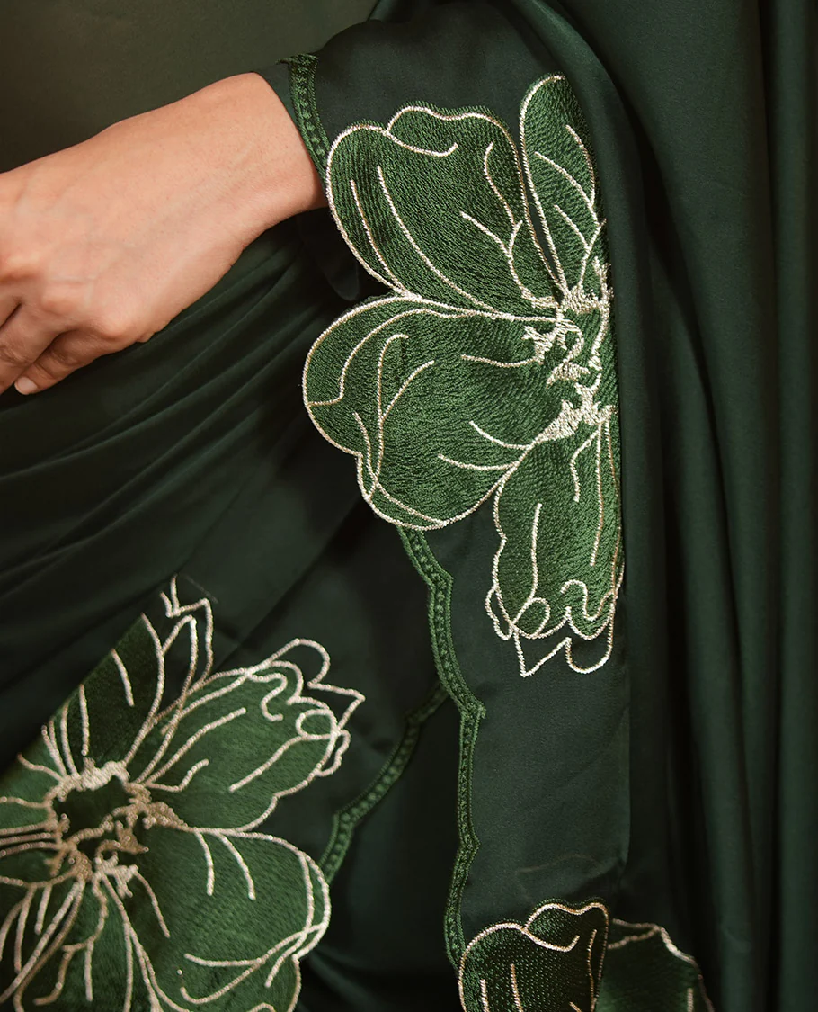Olive Green Satin Organza Saree, Steeped in the Prettiness of Floral Embroidery, Floral Embroidered Scallop Border, and a Matching Blouse - Image 6