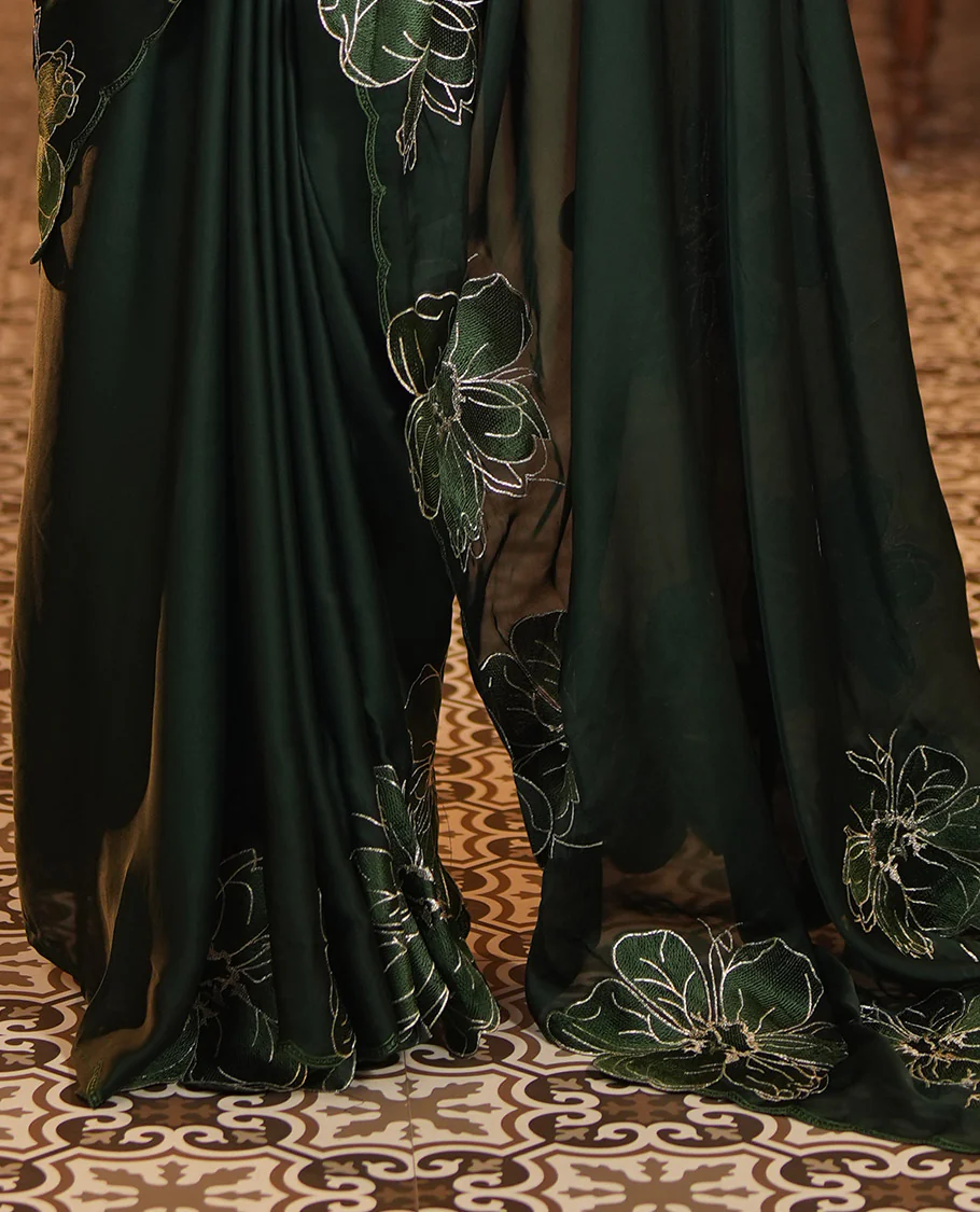 Olive Green Satin Organza Saree, Steeped in the Prettiness of Floral Embroidery, Floral Embroidered Scallop Border, and a Matching Blouse - Image 7