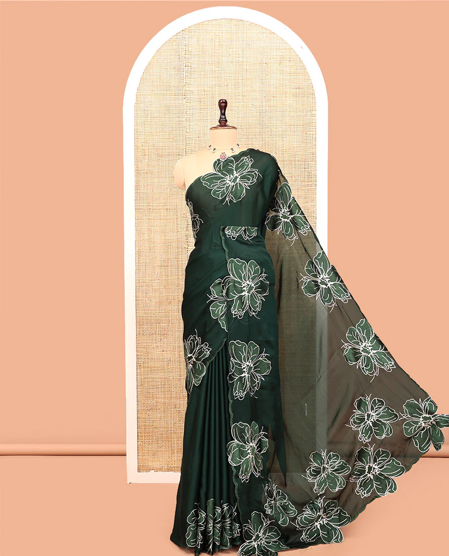 Olive Green Satin Organza Saree, Steeped in the Prettiness of Floral Embroidery, Floral Embroidered Scallop Border, and a Matching Blouse - Image 8
