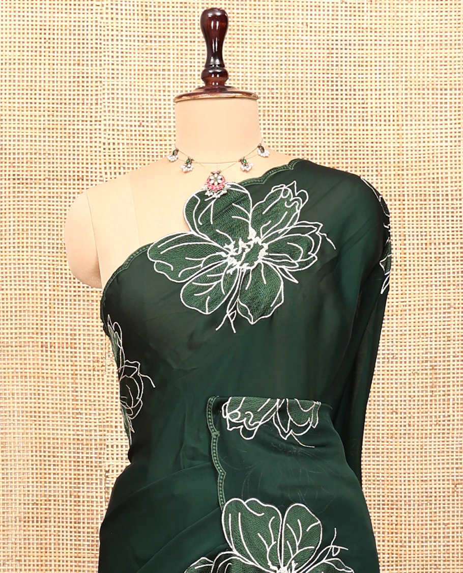 Olive Green Satin Organza Saree, Steeped in the Prettiness of Floral Embroidery, Floral Embroidered Scallop Border, and a Matching Blouse - Image 9