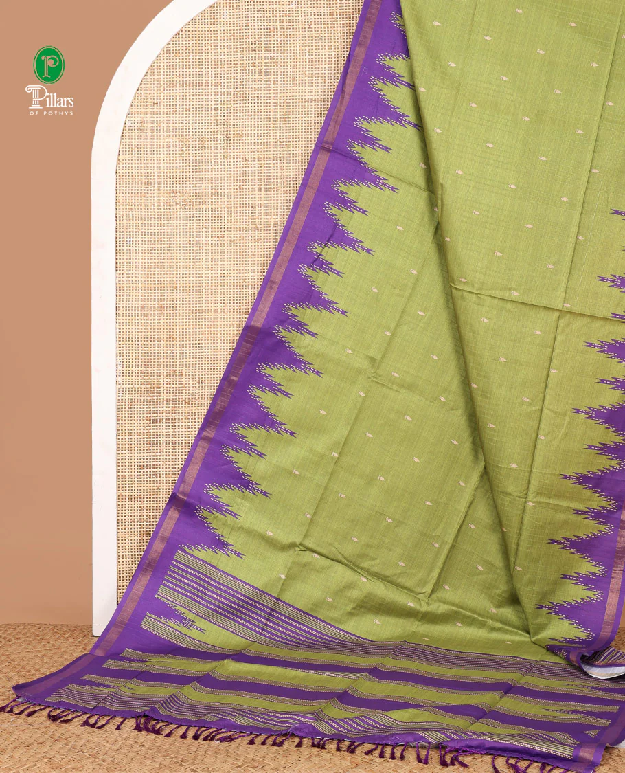 Olive green small butta design kathan silk saree with contrast temple border & striped, temple design pallu along with striped blouse - Image 2