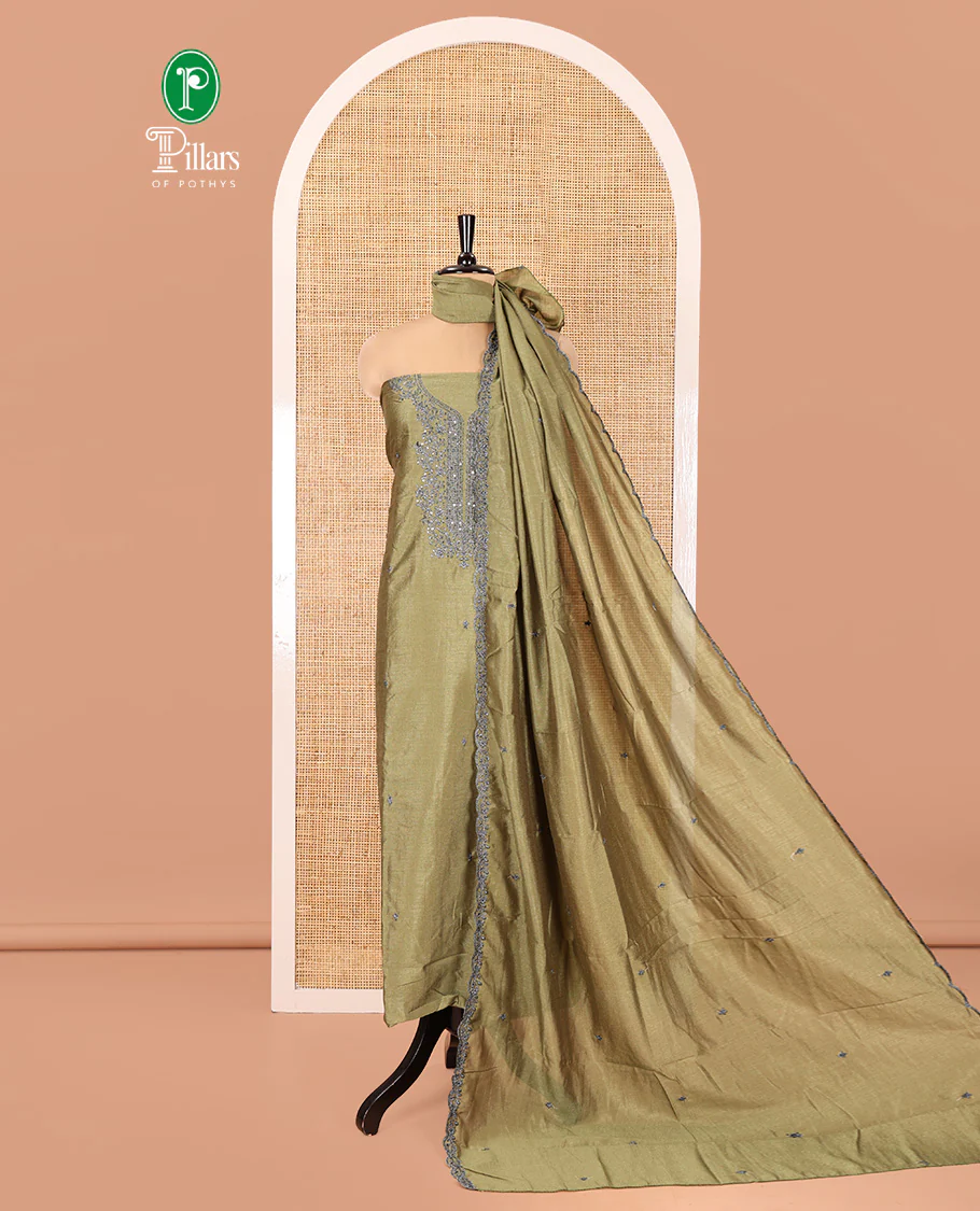 Olive Green Vichitra Silk Material Chudidar Set, Woven with Embroidered Top, a Plain Santoon Bottom, and Paired with a Matching Vichitra Silk Embroidered Scallop Dupatta