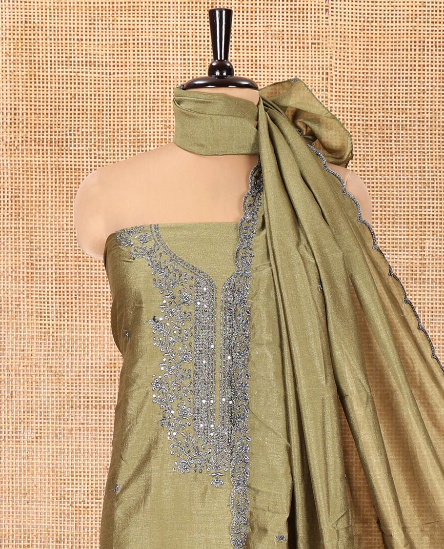 Olive Green Vichitra Silk Material Chudidar Set, Woven with Embroidered Top, a Plain Santoon Bottom, and Paired with a Matching Vichitra Silk Embroidered Scallop Dupatta - Image 3