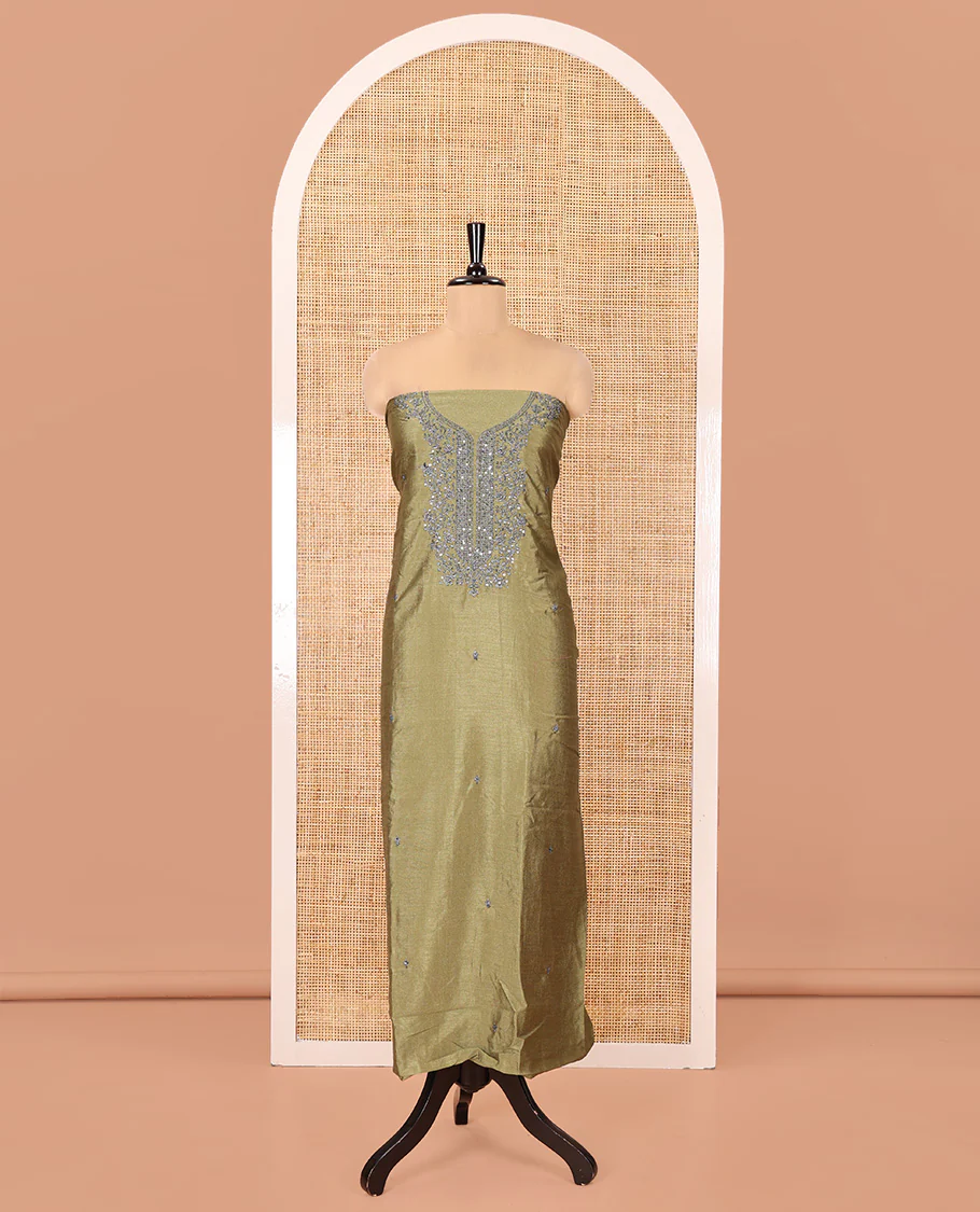 Olive Green Vichitra Silk Material Chudidar Set, Woven with Embroidered Top, a Plain Santoon Bottom, and Paired with a Matching Vichitra Silk Embroidered Scallop Dupatta - Image 4