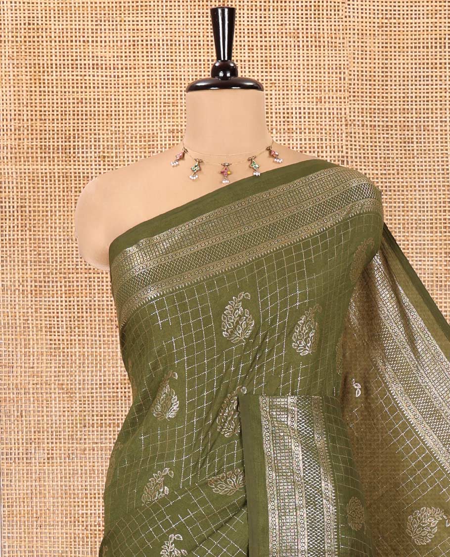 Olive Green Vichitra Silk Saree Features Checks and Paisley Buttas, Highlighted by a Traditional Zari Border and Contrast Embroidered Blouse - Image 2