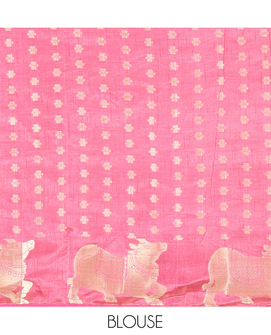 Onion Pink Art Tussar Saree, Embellished with Gold Zari Buttas All Over Its Body, Highlighted by a Zari Border of Pichwai Cow Motifs, Grandly Woven Pallu, and Paired with a Matching Blouse - Image 3