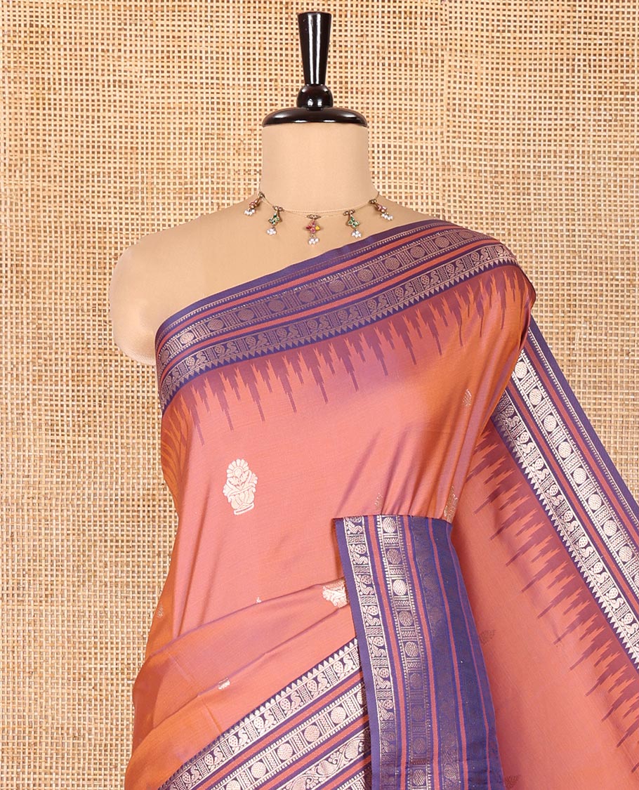 Onion Pink Elite Soft Silk Saree, Adorned with Zari Buttas All Over Its Body, Complemented by Contrast Temple Traditional Zari Border of Peacock-Rudraksham Motifs, Intricately Zari Woven Pallu and Paired with a Contrast Blouse - Image 2