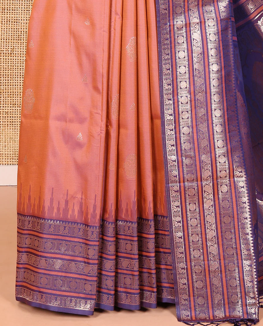 Onion Pink Elite Soft Silk Saree, Adorned with Zari Buttas All Over Its Body, Complemented by Contrast Temple Traditional Zari Border of Peacock-Rudraksham Motifs, Intricately Zari Woven Pallu and Paired with a Contrast Blouse - Image 3
