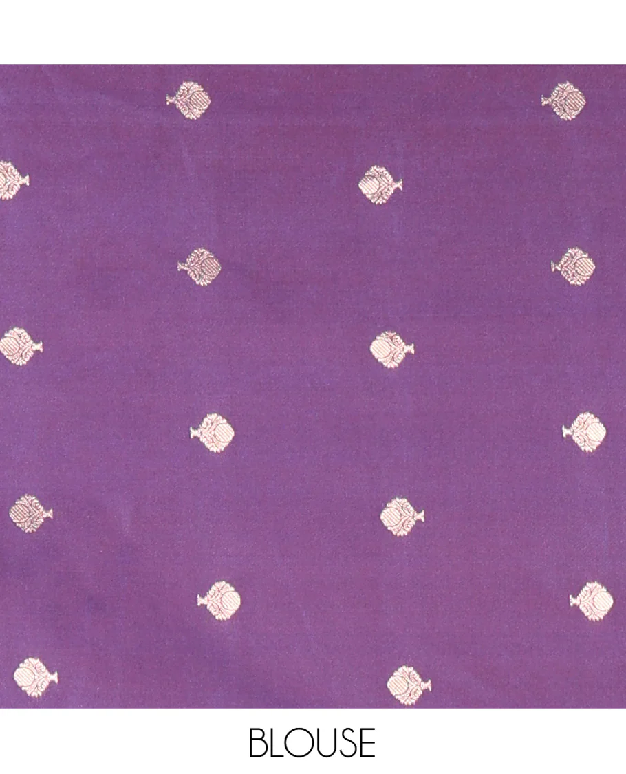 Onion Pink Elite Soft Silk Saree, Adorned with Zari Buttas All Over Its Body, Complemented by Contrast Temple Traditional Zari Border of Peacock-Rudraksham Motifs, Intricately Zari Woven Pallu and Paired with a Contrast Blouse - Image 4