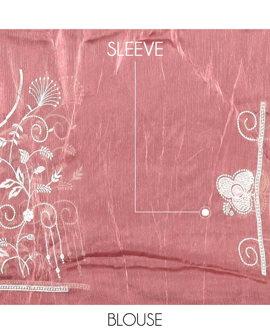 Onion pink floral vine thread embroidered designer saree, scallop border of floral vine thread embroidery - Image 3