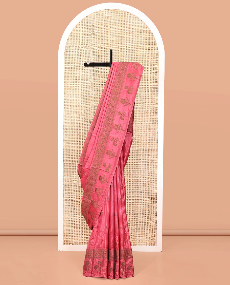Onion Pink HO-Silk Saree, Elevated with Zari Buttas All Over Its Body, Highlighted by a Self-Border of Floral Designs, Pallu Features Floral Designs, and Paired with a Buttas-woven Blouse - Image 3