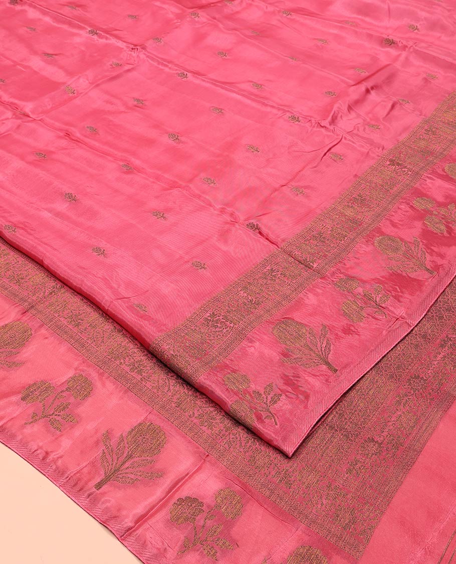 Onion Pink HO-Silk Saree, Elevated with Zari Buttas All Over Its Body, Highlighted by a Self-Border of Floral Designs, Pallu Features Floral Designs, and Paired with a Buttas-woven Blouse - Image 4