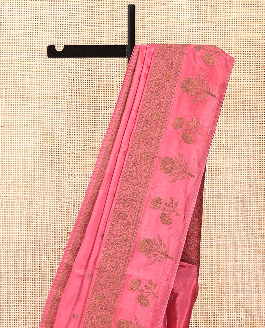 Onion Pink HO-Silk Saree, Elevated with Zari Buttas All Over Its Body, Highlighted by a Self-Border of Floral Designs, Pallu Features Floral Designs, and Paired with a Buttas-woven Blouse - Image 5