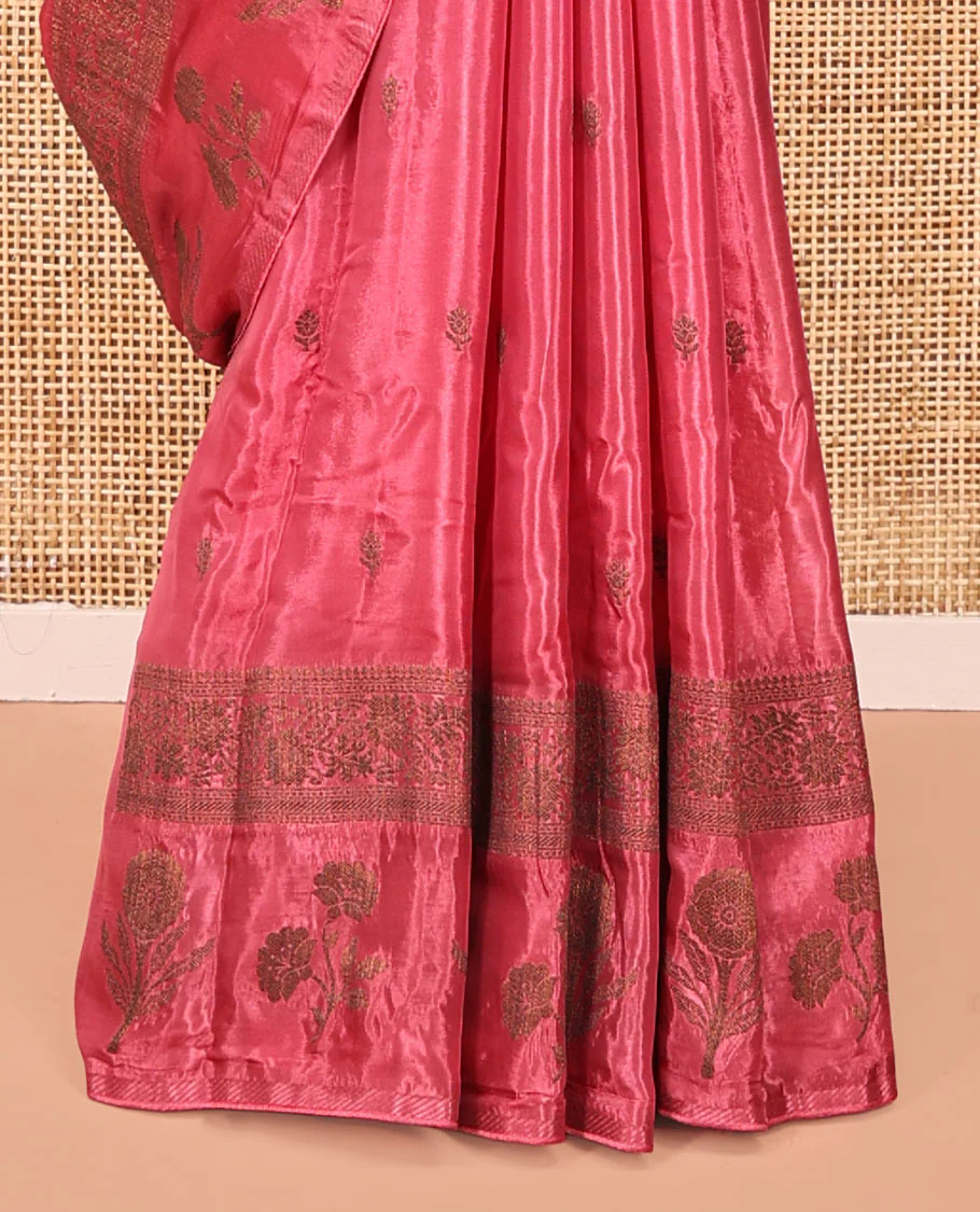 Onion Pink HO-Silk Saree, Elevated with Zari Buttas All Over Its Body, Highlighted by a Self-Border of Floral Designs, Pallu Features Floral Designs, and Paired with a Buttas-woven Blouse - Image 6