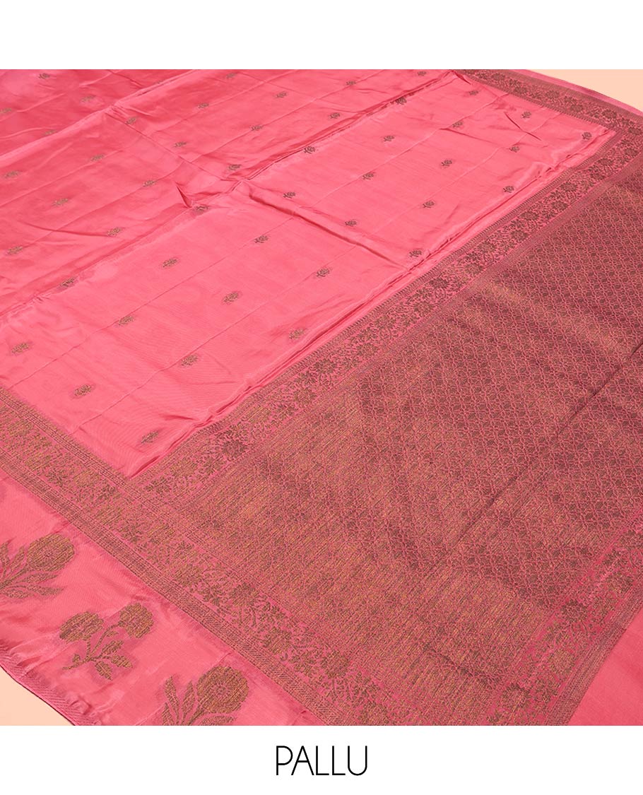 Onion Pink HO-Silk Saree, Elevated with Zari Buttas All Over Its Body, Highlighted by a Self-Border of Floral Designs, Pallu Features Floral Designs, and Paired with a Buttas-woven Blouse - Image 7