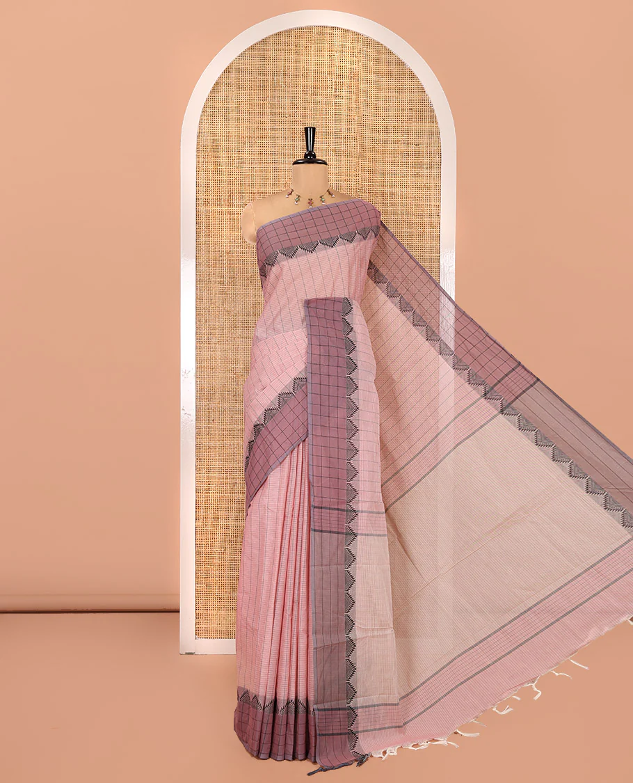Onion Pink Negamam Cotton Saree, Subtly Adorned with Vertical and Horizontal Stripes All Over Its Body, Complemented by a Contrast Temple Border, a Subtle Pallu, and Paired with a Matching Blouse