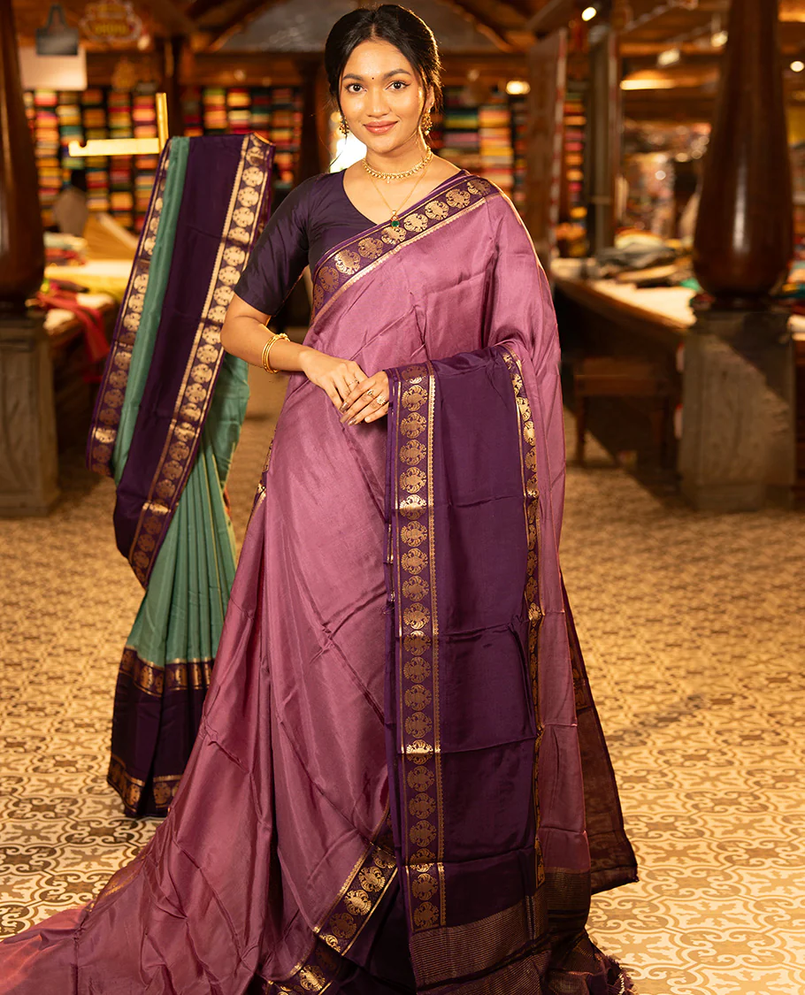 Onion Pink Plain Dola Silk Saree, Complemented by Contrast Rettai Pettu Ganda Berunda Motifs, Zari Border, Gleaming Zari Striped Pallu, and Paired with a Contrast Blouse