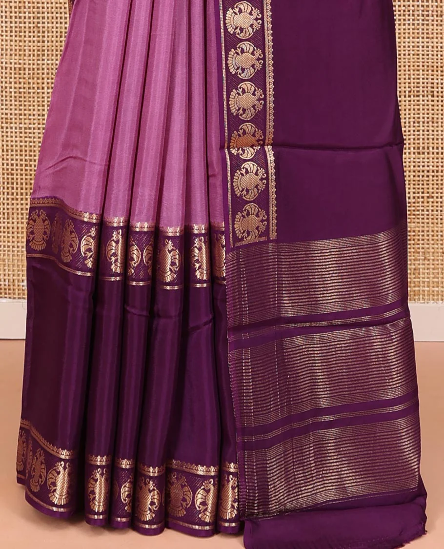 Onion Pink Plain Dola Silk Saree, Complemented by Contrast Rettai Pettu Ganda Berunda Motifs, Zari Border, Gleaming Zari Striped Pallu, and Paired with a Contrast Blouse - Image 6