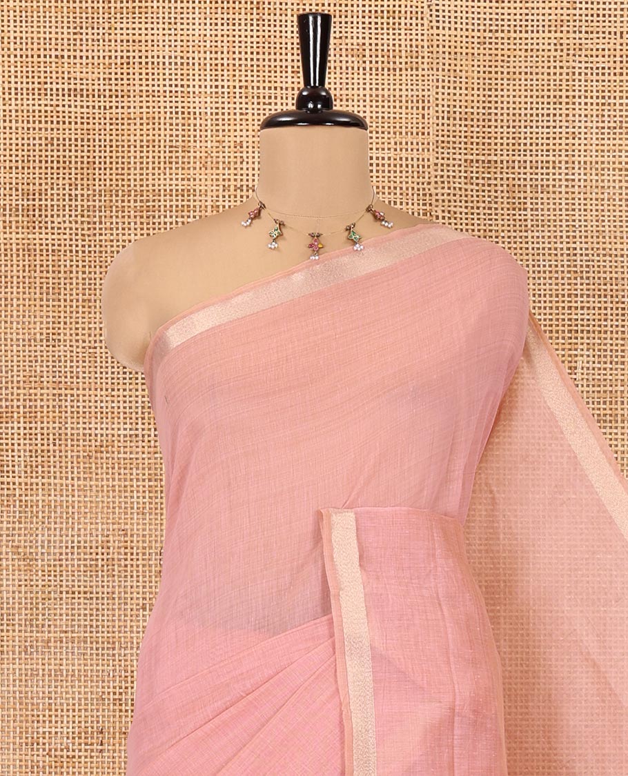 Onion Pink Plain Jamdani Cotton Saree, Highlighted by a Golden Zari Border, Pallu of Kashmiri-Style Weaving, and Paired with a Contrast Striped Blouse - Image 2