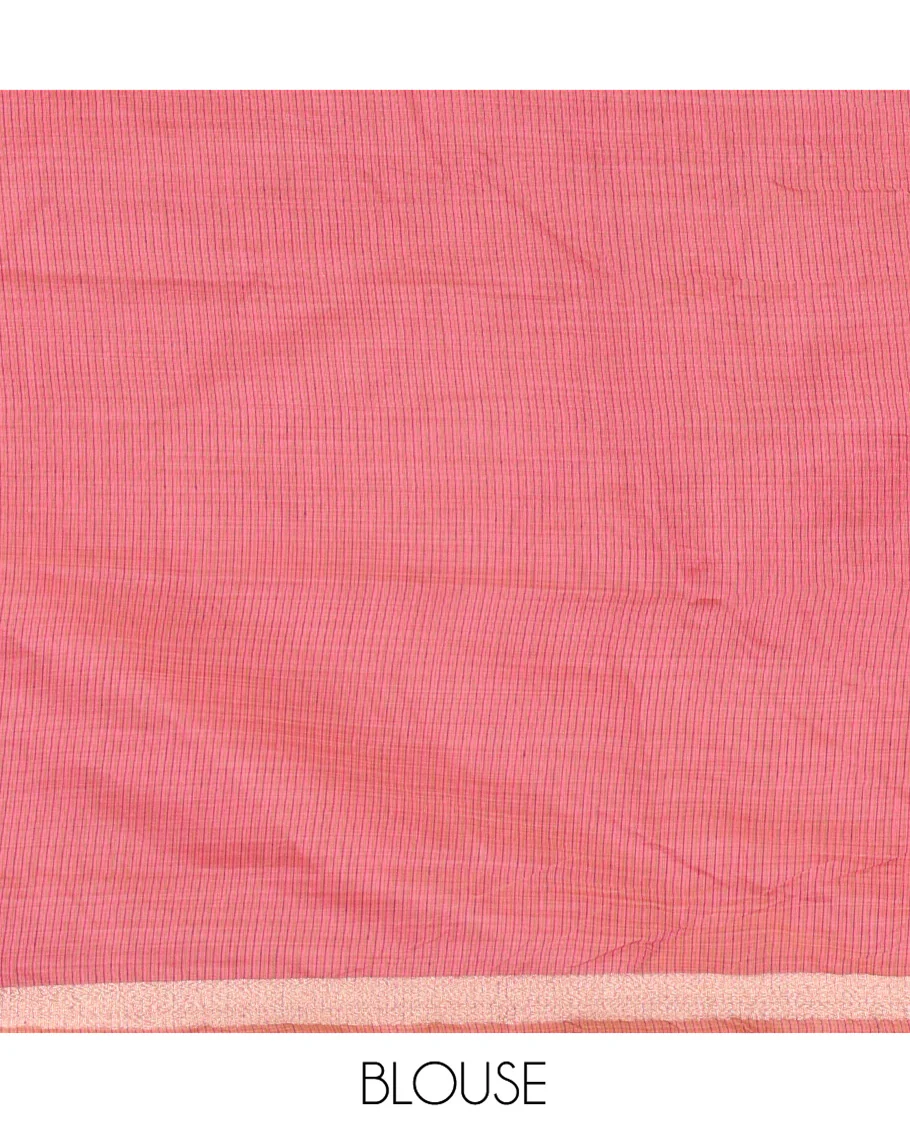 Onion Pink Plain Jamdani Cotton Saree, Highlighted by a Golden Zari Border, Pallu of Kashmiri-Style Weaving, and Paired with a Contrast Striped Blouse - Image 3