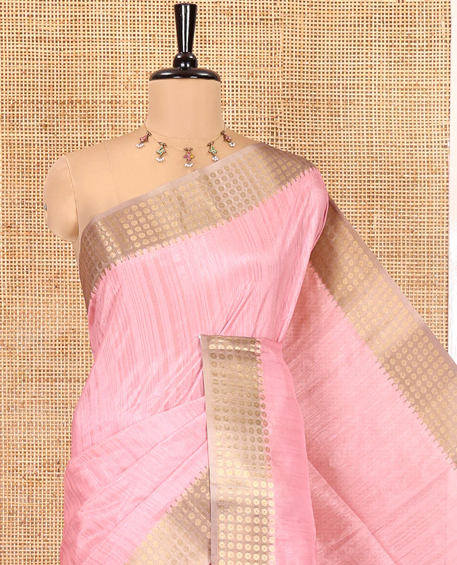 Onion Pink Plain Matka Silk Fancy Saree , Small Polka Dots Woven Temple contrast Border, Pallu Steeped with Polka Dots, and Paired with a Patola-Style Floral Printed Blouse - Image 2