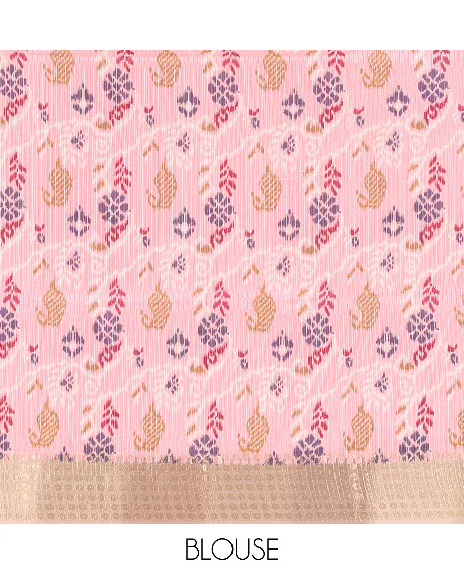 Onion Pink Plain Matka Silk Fancy Saree , Small Polka Dots Woven Temple contrast Border, Pallu Steeped with Polka Dots, and Paired with a Patola-Style Floral Printed Blouse - Image 4