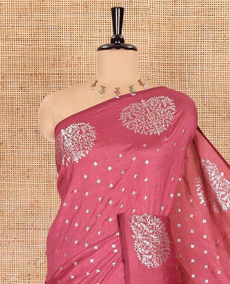 Onion pink plus buttas woven Vichitra silk saree, kalpavriksha tree motifs woven on its border, self-pallu, and no blouse - Image 2