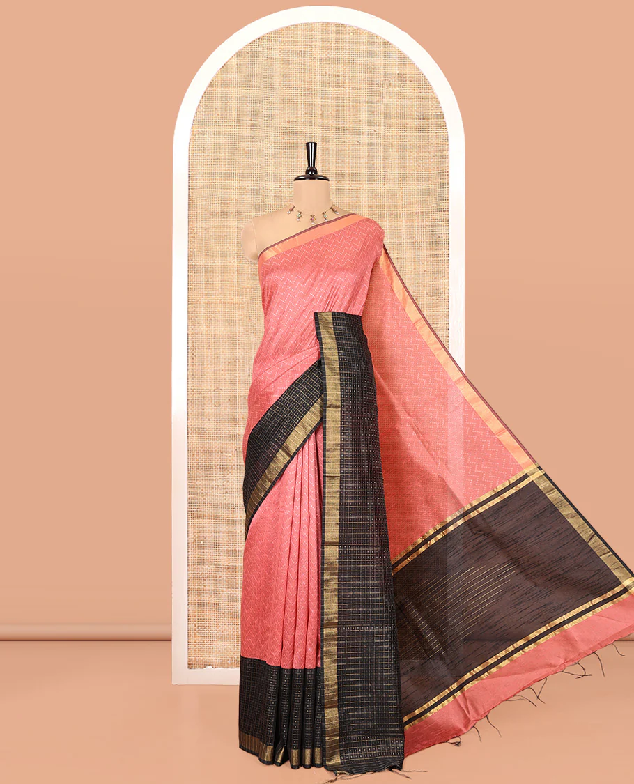 Onion Pink Semi-Raw Silk Saree, Delicately Woven with Zig-Zag Stripes All Over Its Body, Complemented by Contrast Border of Butta Enclosed Checks, Striped Pallu, and Paired with a Contrast Blouse