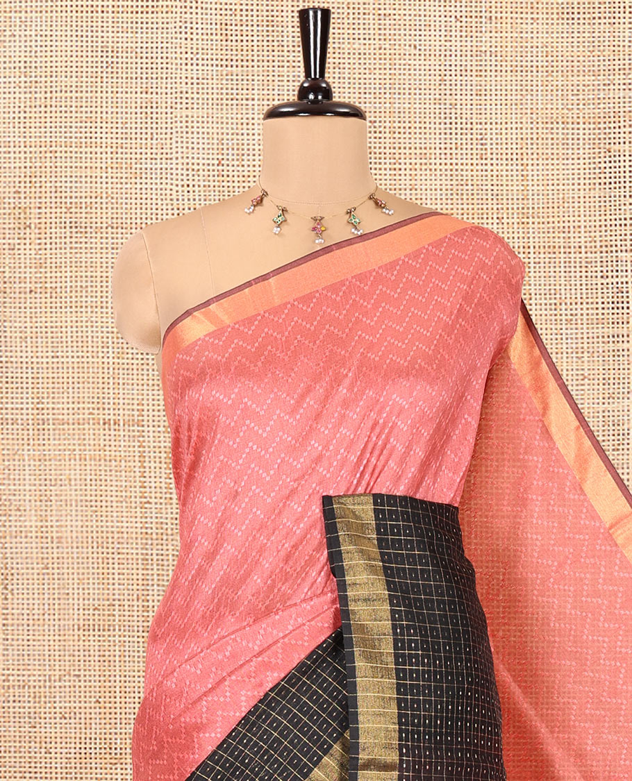 Onion Pink Semi-Raw Silk Saree, Delicately Woven with Zig-Zag Stripes All Over Its Body, Complemented by Contrast Border of Butta Enclosed Checks, Striped Pallu, and Paired with a Contrast Blouse - Image 2
