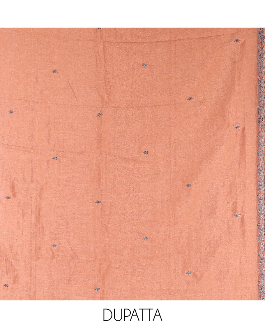 Onion Pink Vichitra Silk Material Chudidar Set, Adorned with Embroidered Top, a Plain Santoon Bottom, and Paired with a Matching Vichitra Silk Embroidered Scallop Dupatta - Image 2