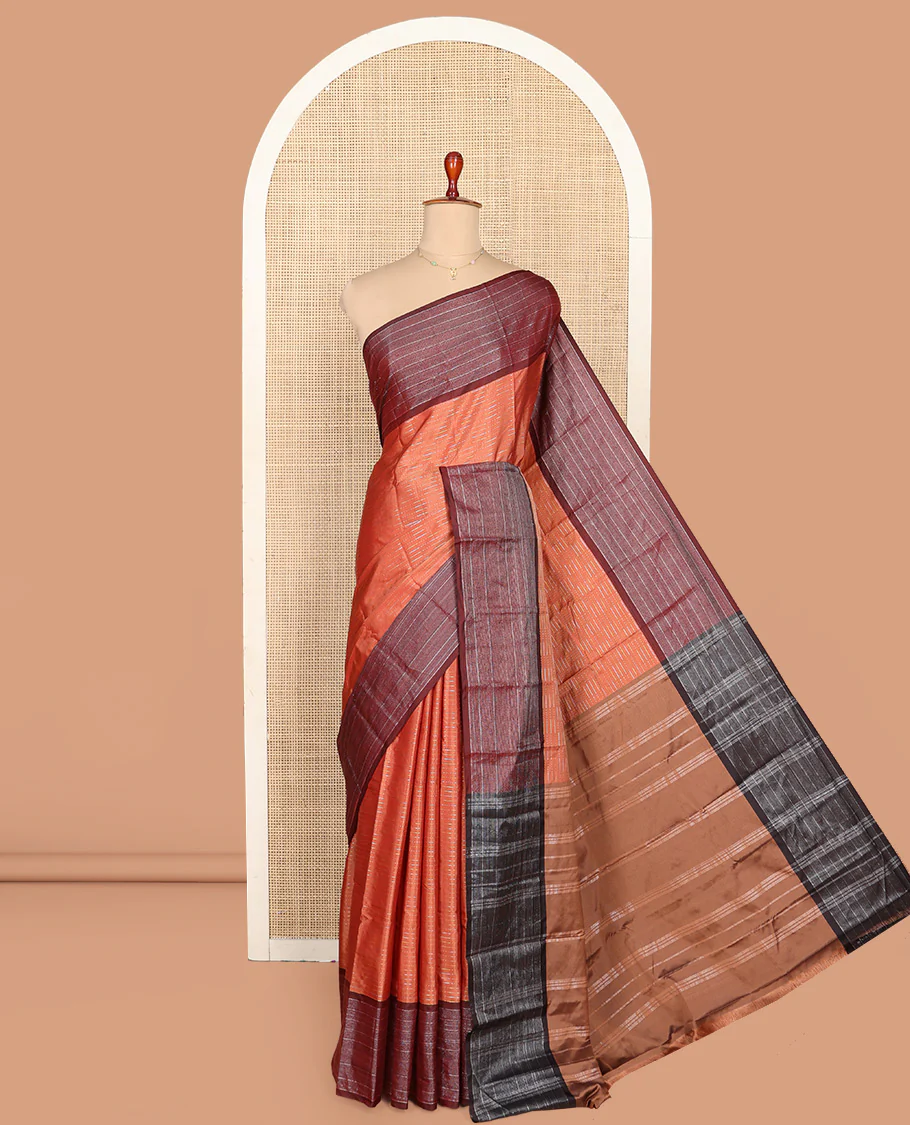 Orange Aarani Silk Saree, Woven with Zari Stripes on Its Body, Complemented by a Contrast Zari Striped Border, Pallu of Stripes, and Paired with a Contrast Blouse