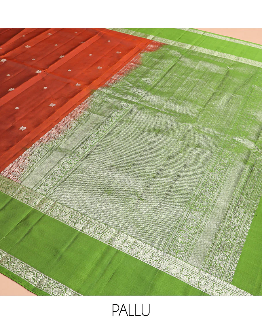 Orange annam chakram buttas Kanchipuram silk saree, contrast rettai pettu border of mayil, and kodi visiry designs, and jaal pallu - Image 5