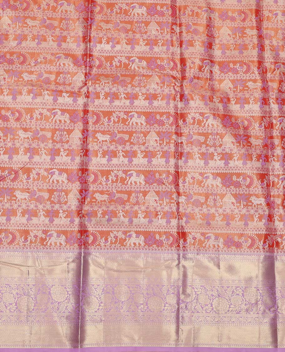 Orange Art Silk Material Half Saree Set, Decked Up with Jacquard Design Skirt, a Contrast Traditional Zari Border of Floral Creeper Designs, Contrast Zari-Jacquard Blouse, and a Dhavani of paisley Designs - Image 4