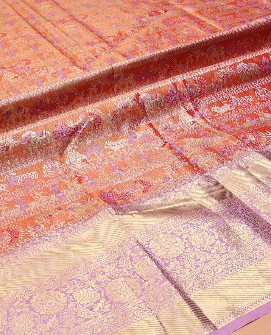 Orange Art Silk Material Half Saree Set, Decked Up with Jacquard Design Skirt, a Contrast Traditional Zari Border of Floral Creeper Designs, Contrast Zari-Jacquard Blouse, and a Dhavani of paisley Designs - Image 5