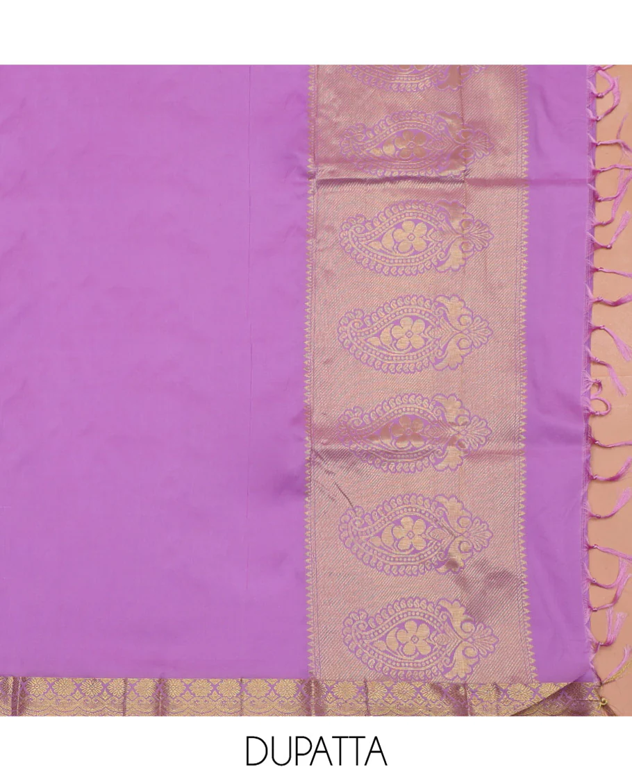 Orange Art Silk Material Half Saree Set, Decked Up with Jacquard Design Skirt, a Contrast Traditional Zari Border of Floral Creeper Designs, Contrast Zari-Jacquard Blouse, and a Dhavani of paisley Designs - Image 6