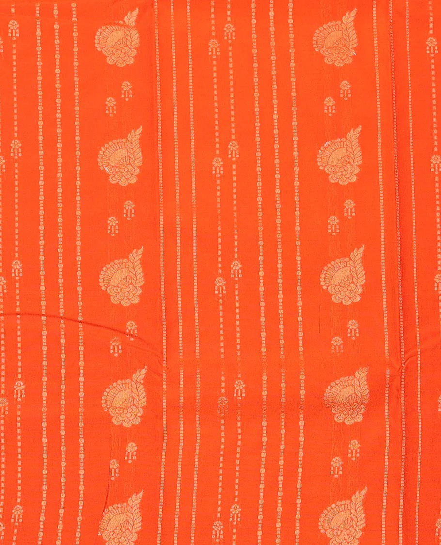 Orange Art Silk Pavadai Material Set, Charmingly Accented with Zari Designs on Its Skirt, Complemented by a Contrast Traditional Zari Design Border, and Paired with a Contrast Blouse - Image 3
