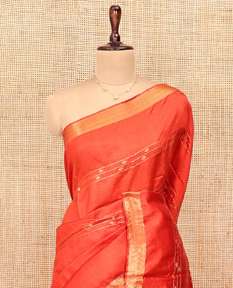 Orange Banana Pith Saree, Decked Up with Buttas and Stripes All Over Its Body, Highlighted by Self-Border, Pallu of Zari Stripes, and Paired with a Matching Blouse - Image 2