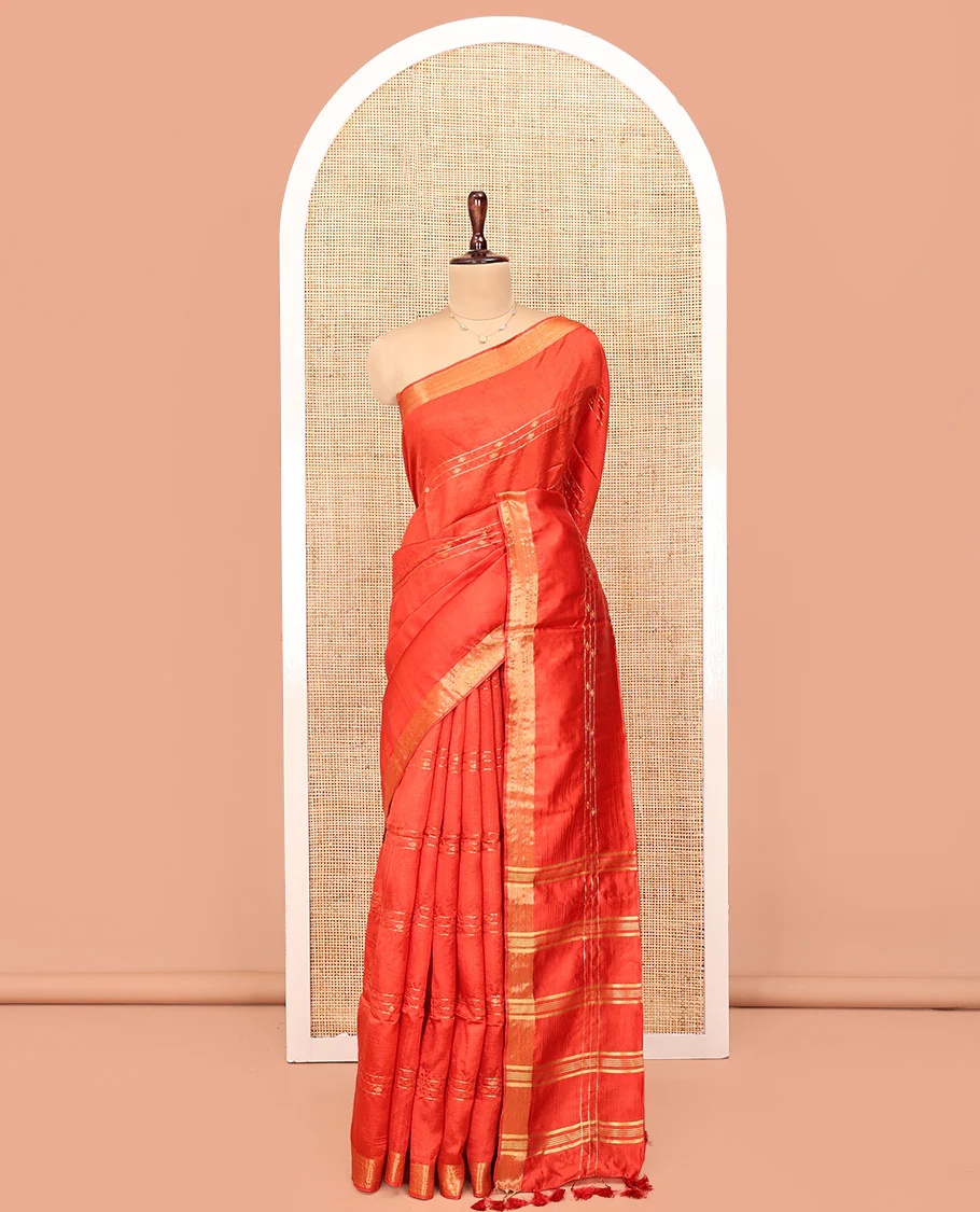Orange Banana Pith Saree, Decked Up with Buttas and Stripes All Over Its Body, Highlighted by Self-Border, Pallu of Zari Stripes, and Paired with a Matching Blouse - Image 3