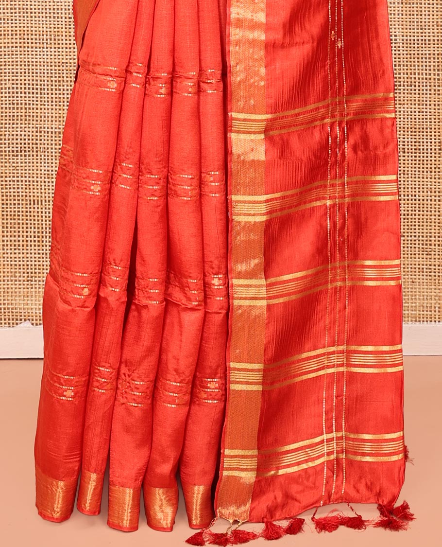 Orange Banana Pith Saree, Decked Up with Buttas and Stripes All Over Its Body, Highlighted by Self-Border, Pallu of Zari Stripes, and Paired with a Matching Blouse - Image 4