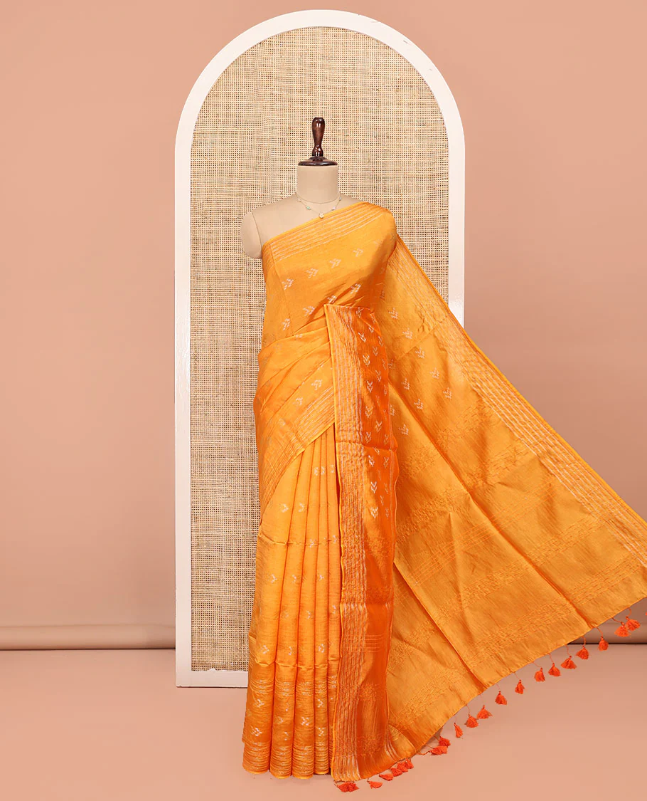 Orange Banana Pith Saree, Finely Woven with Buttas All Over Its Body, Subtle Self-Border of Stripes and Buttas, Pallu Steeped with Stripes, and Paired with a Matching Blouse