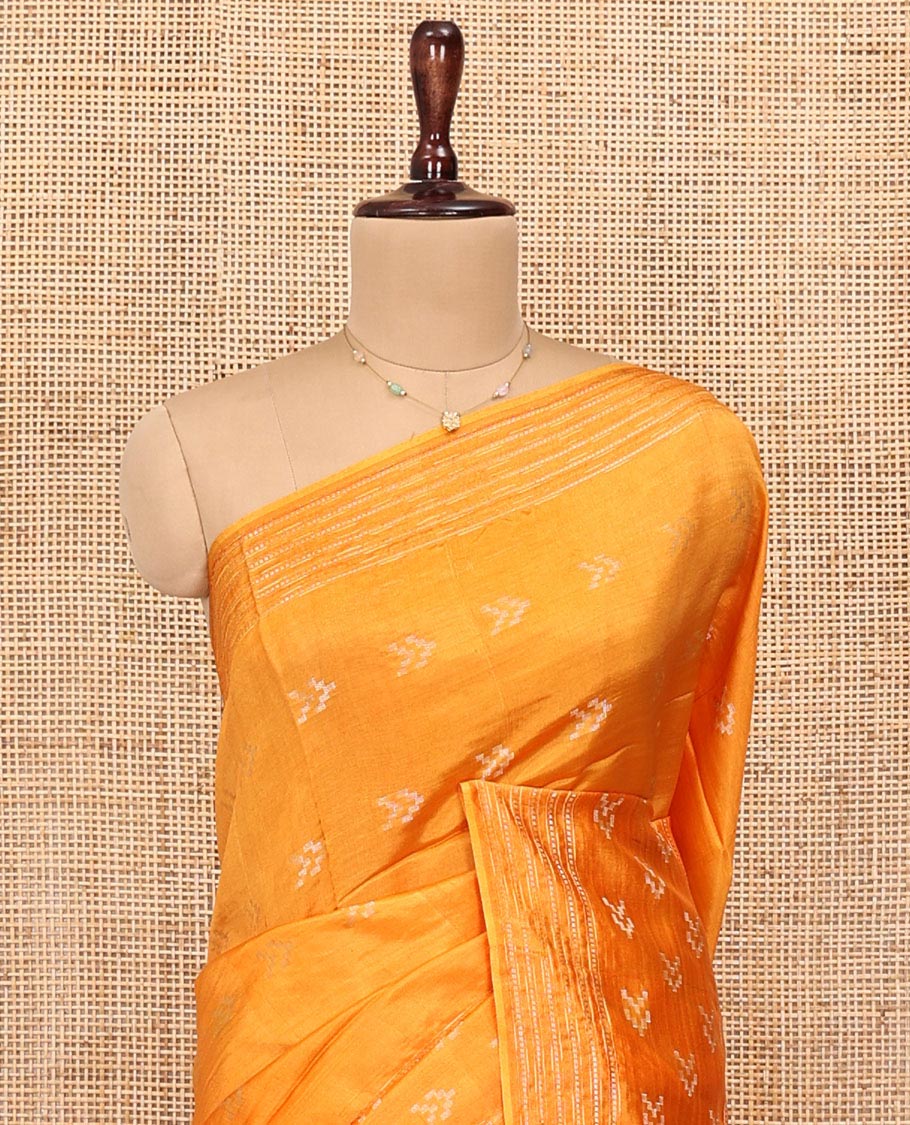 Orange Banana Pith Saree, Finely Woven with Buttas All Over Its Body, Subtle Self-Border of Stripes and Buttas, Pallu Steeped with Stripes, and Paired with a Matching Blouse - Image 2