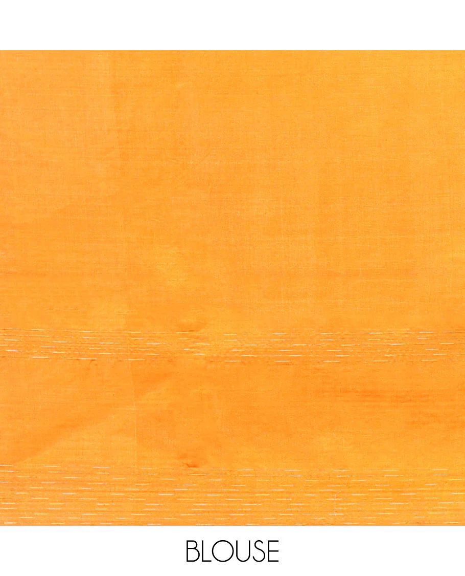 Orange Banana Pith Saree, Finely Woven with Buttas All Over Its Body, Subtle Self-Border of Stripes and Buttas, Pallu Steeped with Stripes, and Paired with a Matching Blouse - Image 5