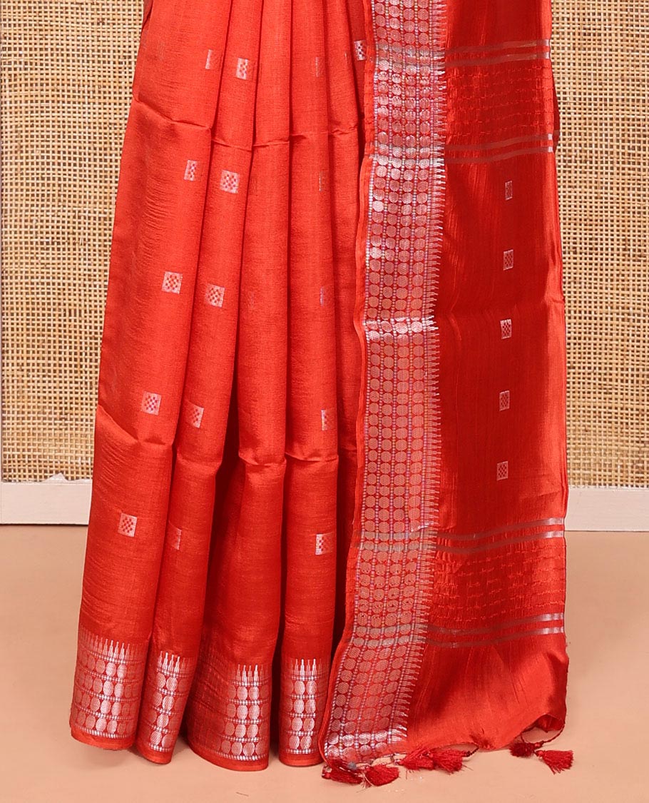 Orange Banana Pith Saree, Mesmerized with Buttas All Over Its Body, Highlighted by Self-Border of Temple and Rudraksham Motifs, Pallu Steeped with Stripes and Buttas, and Paired with a Matching Blouse - Image 4